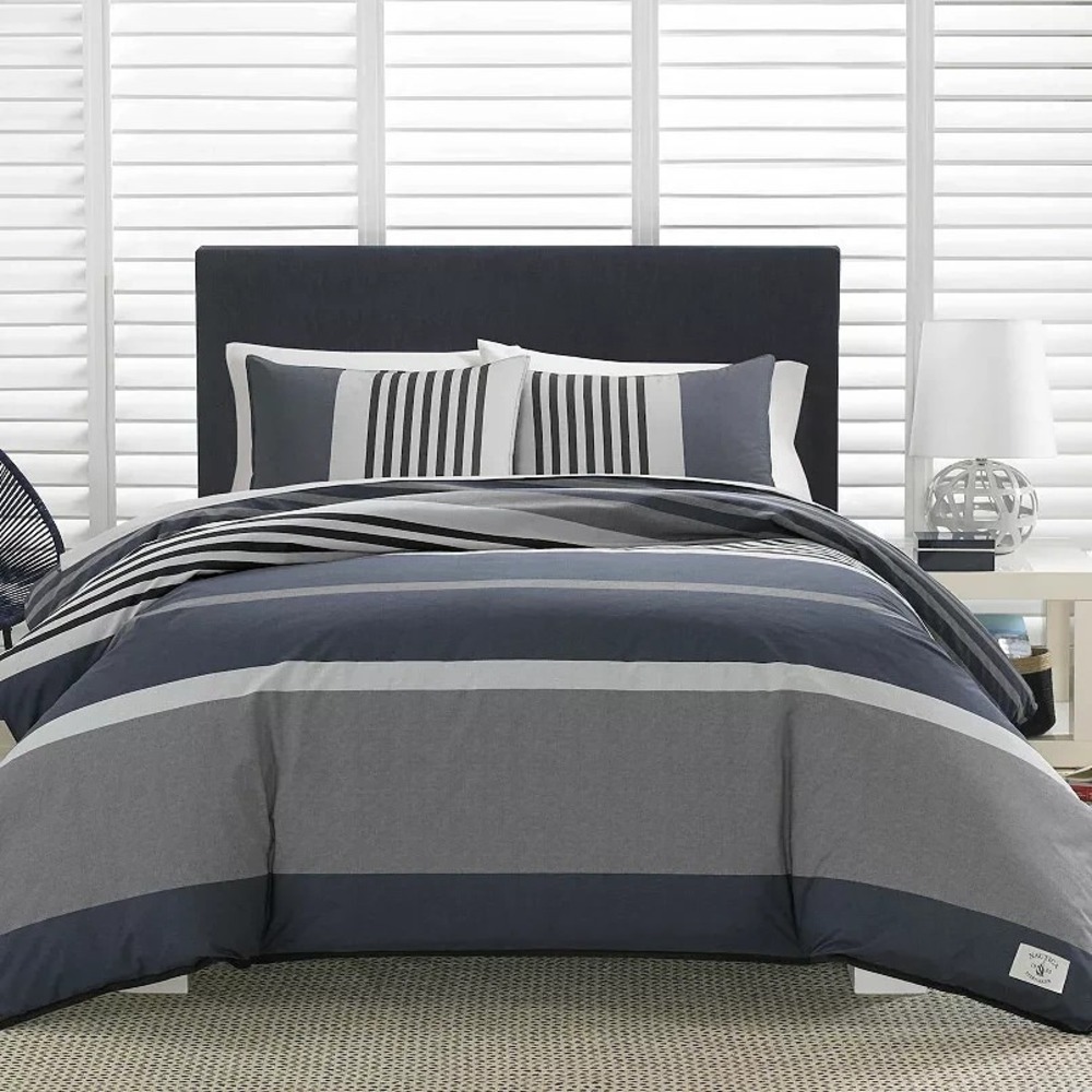 Nautica Home Rendon KING Size Duvet Cover & Pillow Sham Set Grey/Navy NEW